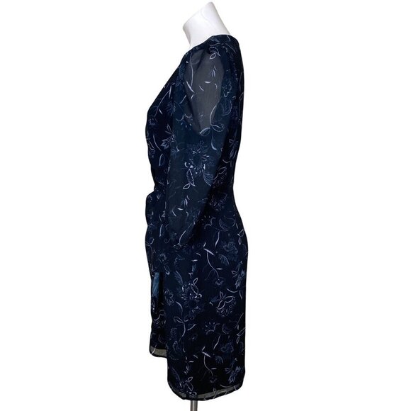 Halogen Navy Floral Wrap Dress, Sheer Puff Sleeves & Tulip Hem Women's Size M - Picture 7 of 10